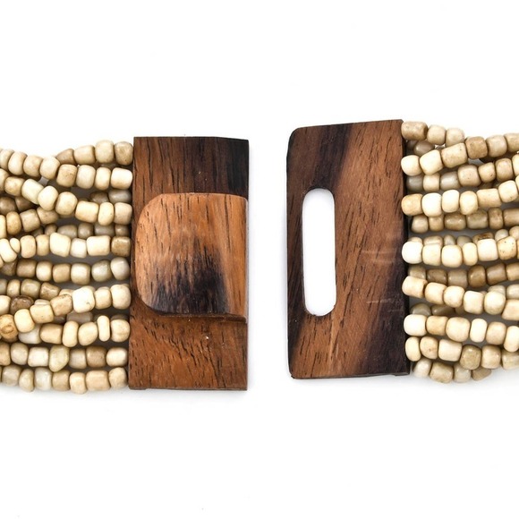 Cream Seed Bead Necklace Bracelet Stretches Wood Bead Necklace Multi Strand Boho - Picture 6 of 6